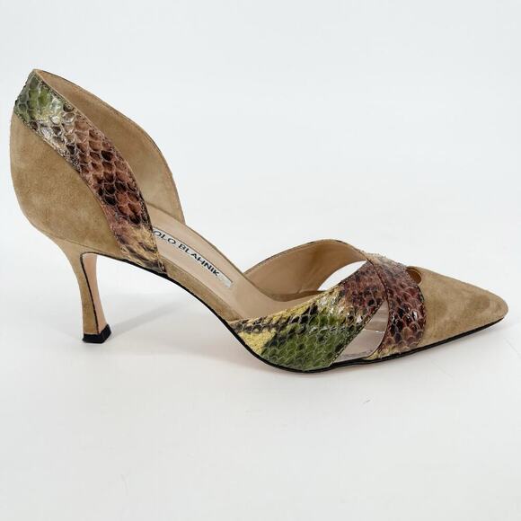 Manolo Blahnik Tan Suede Snakeskin PVC Cutout Pointed Toe D'Orsay Heel IT 36 - Picture 2 of 11